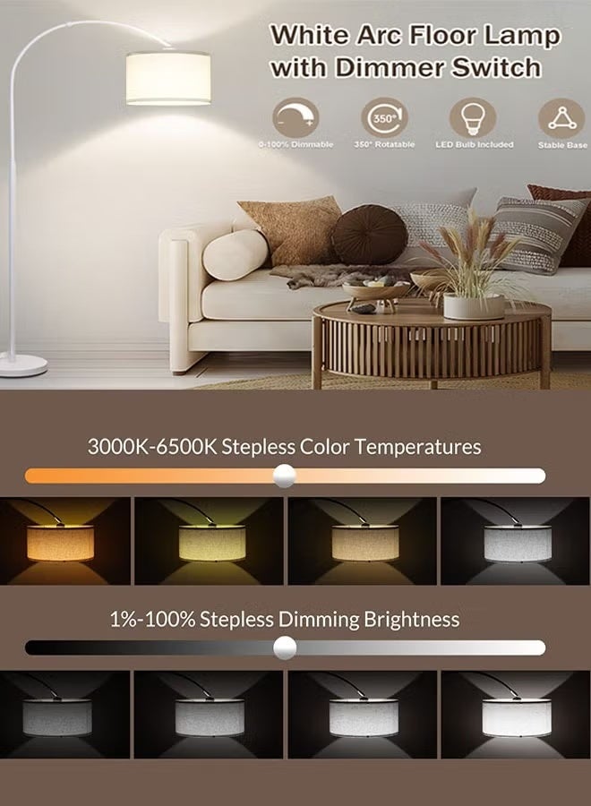 Sharpdo Modern LED Arc Floor Lamp with Remote Control, 3 Color Temperatures (3000K/4500K/6000K), Adjustable Hanging Drum Shade, Standing Lamp for Living Room & Bedroom - White - Image 2